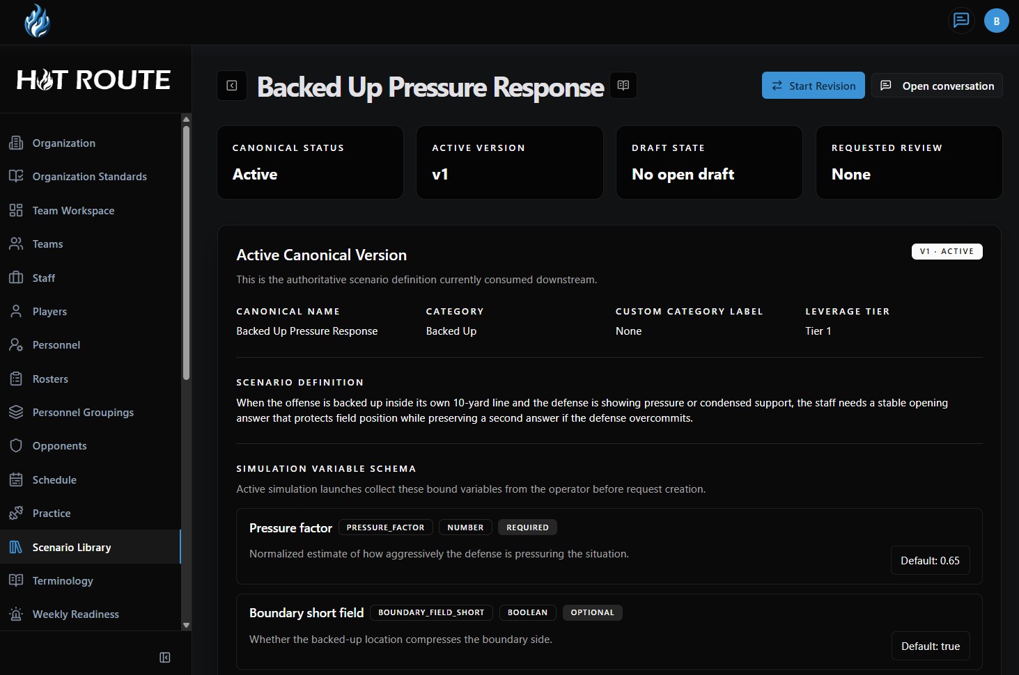 HotRoute scenario review workspace showing situational intelligence state and risk context
